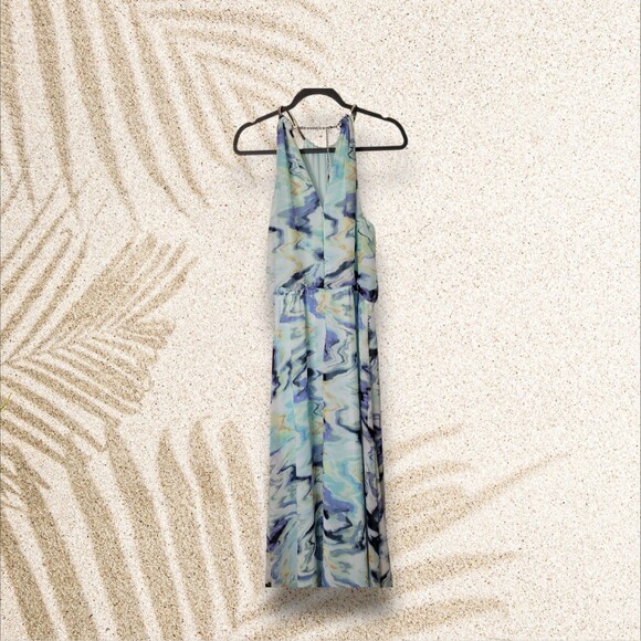 Vince Camuto Aqua Floral Halter Maxi Dress with Sliding Neckline Size 10 - Picture 5 of 7